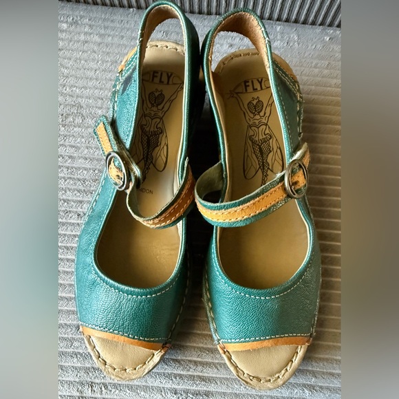 Fly London Shoes - Fly London Wedges Teal and Tan Sandals Shoes Size 36